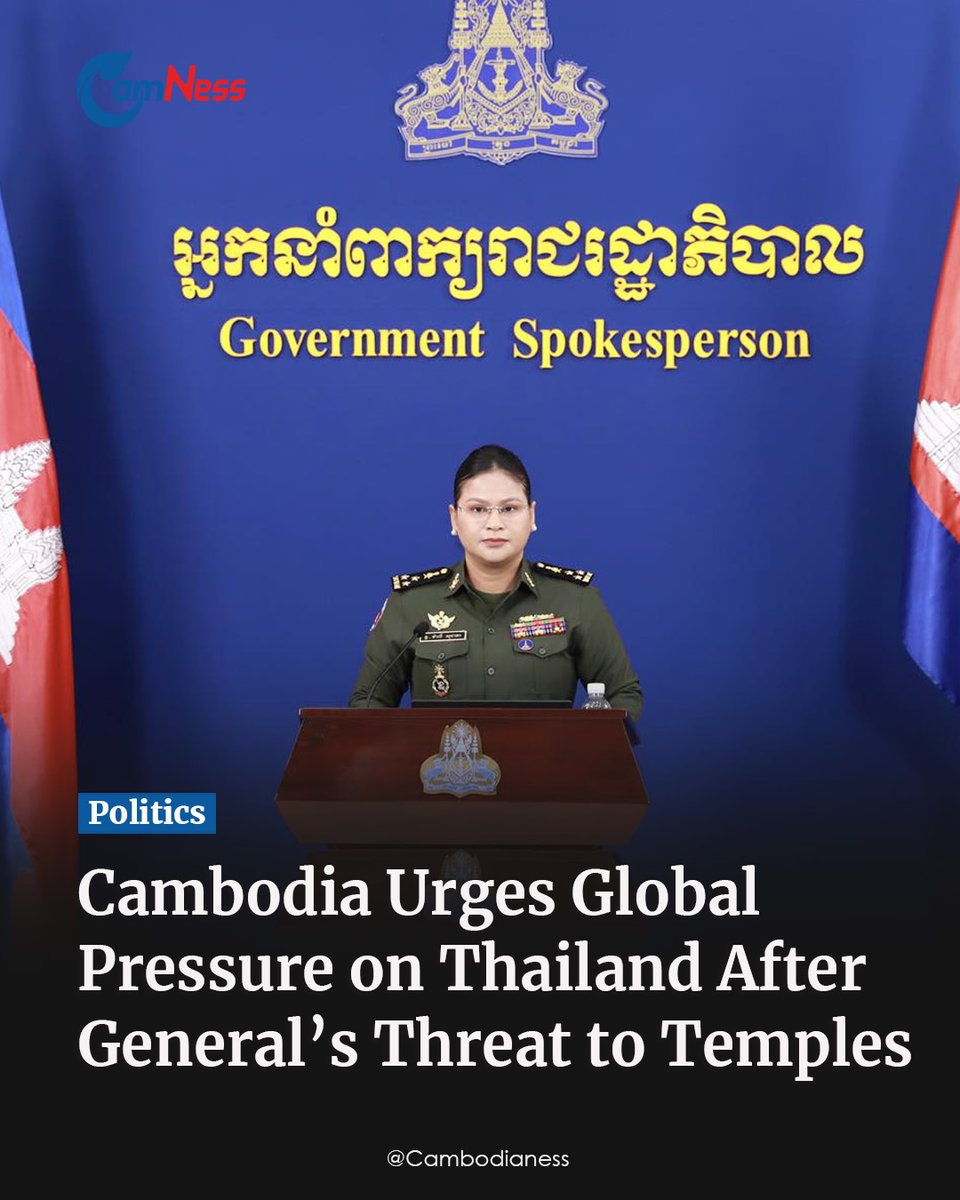 TTNEnglish's tweet photo. Cambodia has urged the international community to pressure Thailand to honor the ceasefire agreement not just in words but through concrete action following reports that Thailand’s 2nd Army Region Commander Lieutenant-General Boonsin Padklang announced plans to seize Ta Krabei Temple and close Tamoan Thom Temple.

Read the story: https://t.co/3mazKzTpWB
