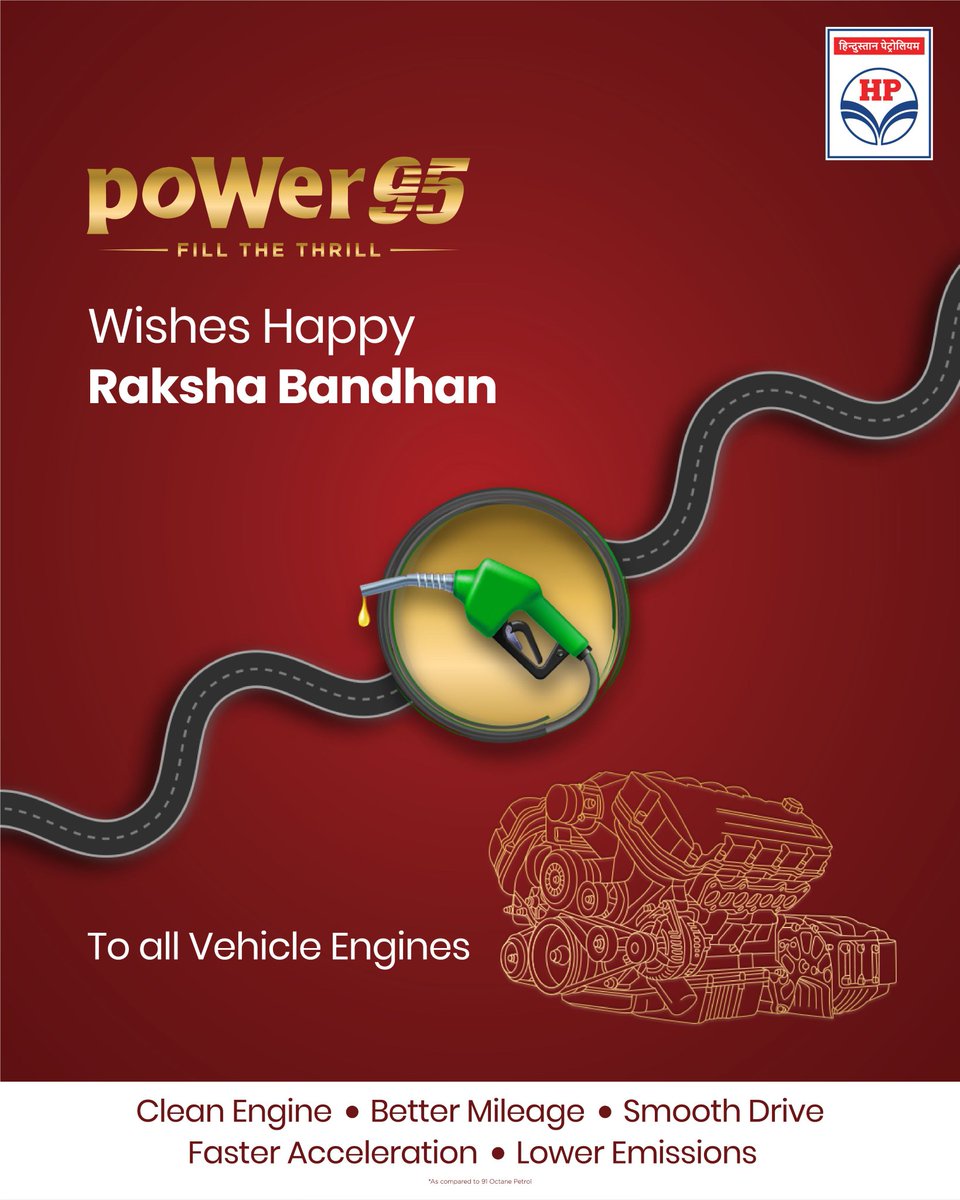 hpcl_Siliguri's tweet image. Happy #RakshaBandhan!
Meet @HPCL's 𝗽𝗼𝗪𝗲𝗿𝟵𝟱 - the perfect brother for your vehicle’s engine!

𝗽𝗼𝗪𝗲𝗿𝟵𝟱 - 𝗙𝗜𝗟𝗟 𝗧𝗛𝗘 𝗧𝗛𝗥𝗜𝗟𝗟

#HPCL #HPRetail #MeraHPPump #poWer95 #Caschback #DeliveringHappiness
