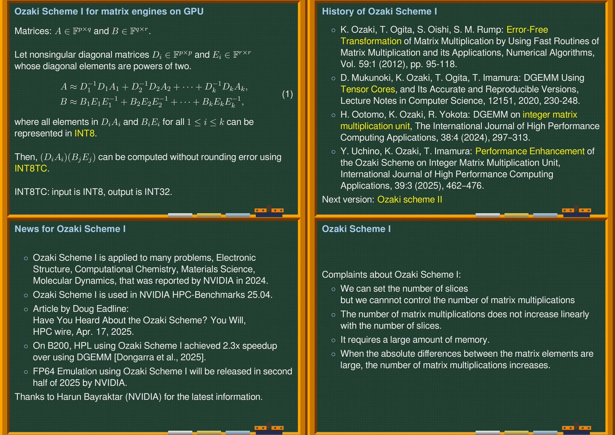 ogawa_tter's tweet image. =&amp;gt;
"Emulating Matrix Multiplication Using Mixed-Precision Computation", K. Ozaki, NGT - Openlab "Optimising Floating Point Precision" WS, Jul 2
(MP4) indico.cern.ch/event/1538409/…
indico.cern.ch/event/1538409/…
Ozaki Scheme II, Apr 27 (10) arxiv.org/abs/2504.08009
Aug 8 x.com/ogawa_tter/sta…