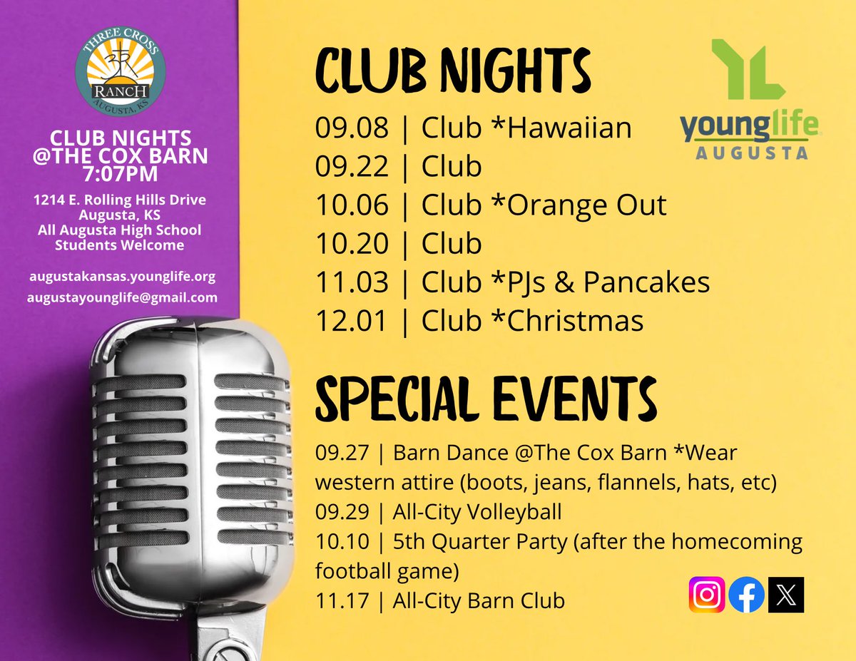 YLAugustaKS's tweet photo. Save the Date! The fall Young Life schedule is here—packed with club nights and special events you won’t want to miss. All Augusta High School students are welcome. Bring your friends… we’ll see you there! https://t.co/nJpgA00qnN