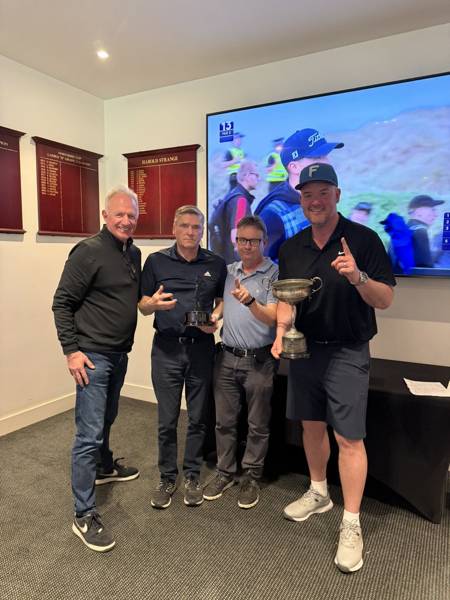 gilbertgardiner's tweet photo. Not sure how we did this, I do, @tonykneebone (the overall winner) shot the lights out, but @VRMA_1 Golf Day winners! Fearless captain @MichaelManley_1 led with gusto, while Joe @MelbourneCup McGrath and I enjoyed a nice walk basically. 🏆⛳️🏇@FightersPR #gofighters https://t.co/PUnlAwN9Ym