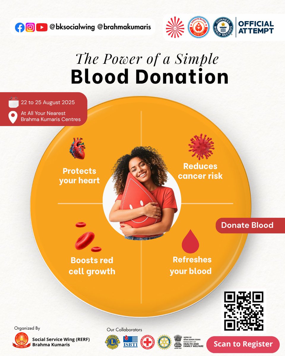 Blood donation =
❤️ Better heart health
🧬 More red blood cells
🛡 Lower cancer risk
🧼 Blood detox

One act. Many rewards.

📅 Aug 22–25
📍 Brahma Kumaris Centres
🔗 bksocialwing.org

#GiveBloodFeelGood #BKSocialWing