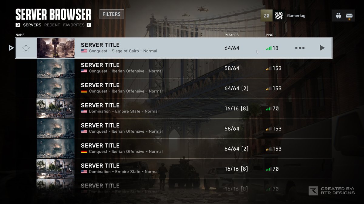 TheBattleTR's tweet photo. I think the menu UI design in #battlefield6 is great but can use some changes to its layout. 

I propose to take some of the UI layouts older Battlefield releases like 3 &amp; 4 used and mix it with what they have for 6 for a hybrid clean look

PC Concept + Server Browser https://t.co/JAd3O7mksj