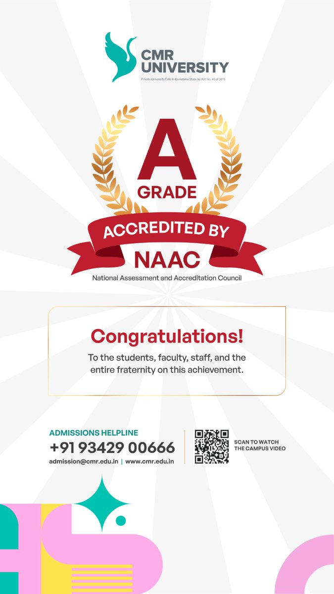 CMR University has been accredited by "A" Grade by NAAC on 8th Aug 2025.