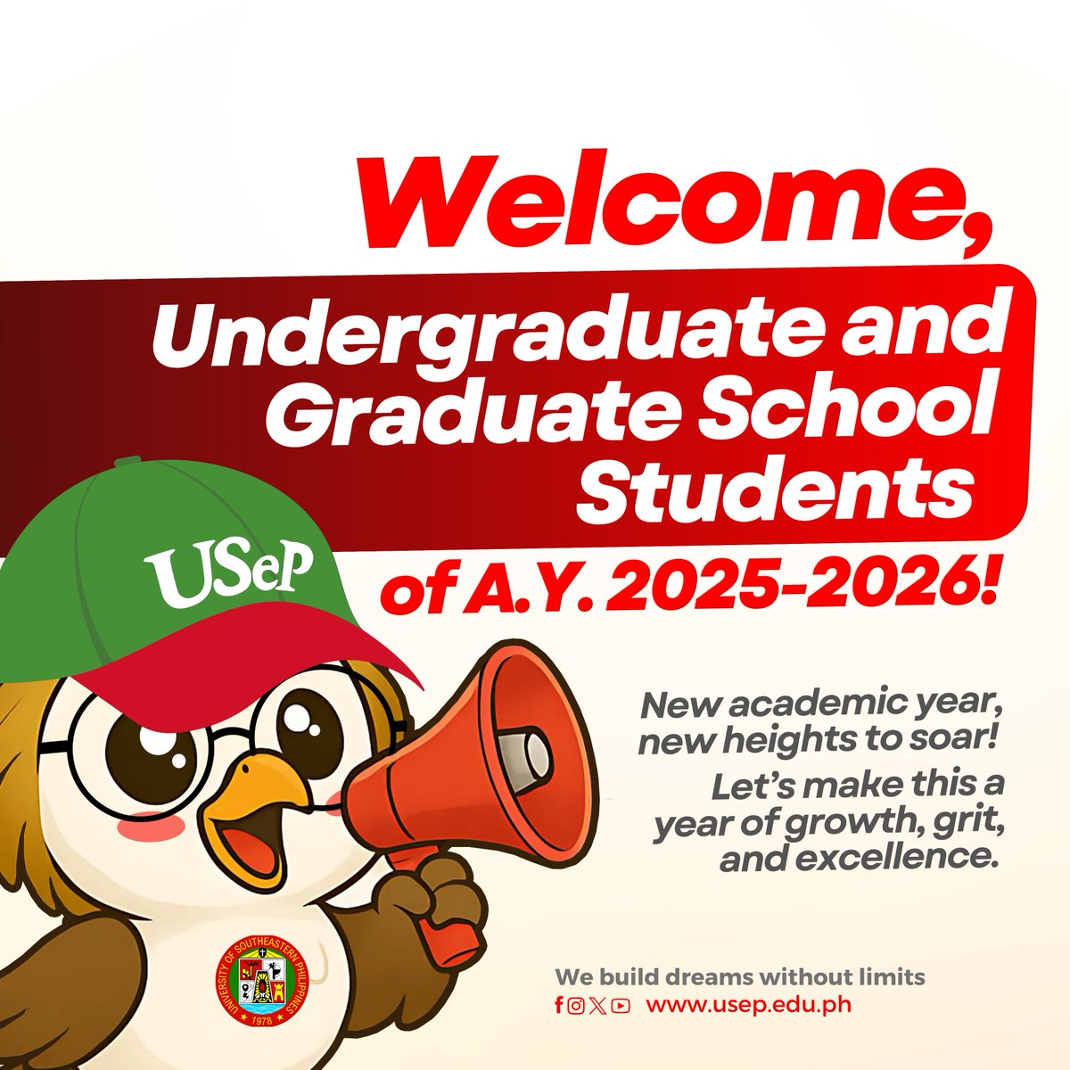 USeP0fficial's tweet photo. The University of Southeastern Philippines (USeP) warmly welcomes all incoming and returning Undergraduate and Graduate School students for Academic Year 2025–2026! https://t.co/02i6hvUzBp