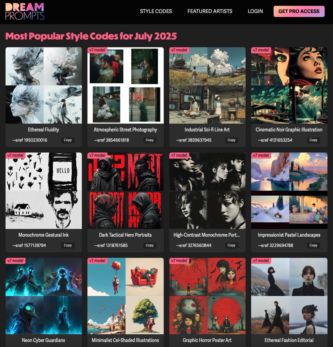 snebold's tweet photo. 📣 Announcement!
The Dream Prompts home page will now display the most popular style codes for the previous month based on which sref codes were copied the most.

Check it out for yourself…
https://t.co/vmjzAz8Ft2

#Midjourney #stylecodes #sref #AIart https://t.co/wP9PUbBkLP