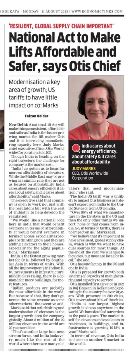 FaiHaider's tweet image. Refurbishing and modernisation of #elevators is the largest growth area for the company globally, Marks said, adding that some 8 million of the 22 million elevators in the world are 20 years or older. #lifts #otis 

m.economictimes.com/industry/servi…
