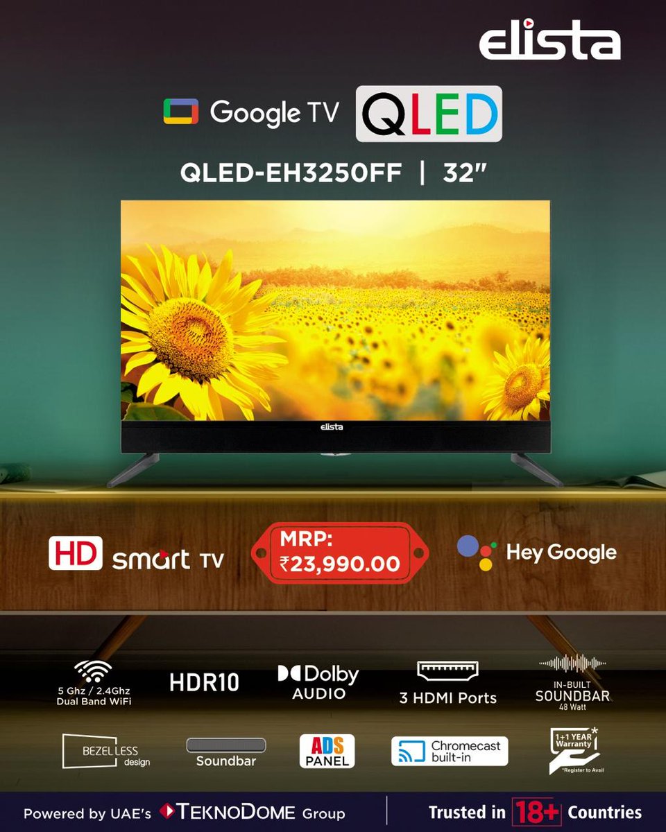 ElistaWorld's tweet photo. Your home just got a major upgrade. โจ
Experience stunning visuals with a brilliant QLED display, powerful Dolby Audio, and an infinite view thanks to the bezel-less design.
#ElistaGoogleTV #QLEDTV #DolbyAudio #BezelLess #ElistaWorld https://t.co/axVQCAIEek
