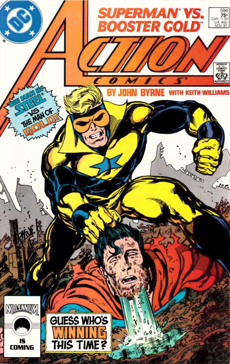 Homage Cover. Booster's Gold #7 from 1986. Cover art by Dan Jurgens and Mike DeCarlo. Action Comics #594 from 1987. Cover art by John Byrne.