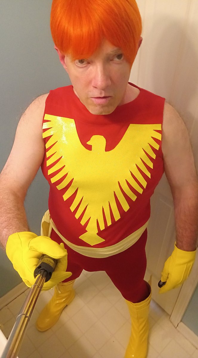 LenhardtEric's tweet photo. Okay here's my Genderbent Jean Grey Phoenix! I made the emblem out of thin yellow foam and I drew it freehand #cosplay #JeanGrey #darkphoenix #phoenix #redshirt #redleggings #yellowboots #yellowscarf #yellowgloves #genderbend #wigs #thriftstorefinds #emblem https://t.co/k2xsU9Lws5