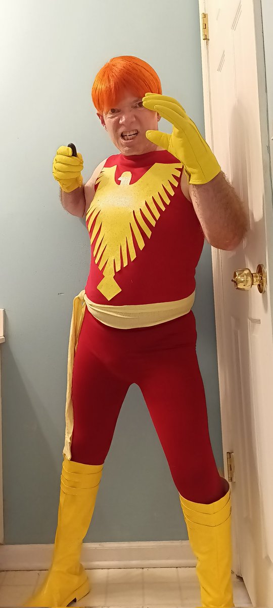LenhardtEric's tweet photo. Okay here's my Genderbent Jean Grey Phoenix! I made the emblem out of thin yellow foam and I drew it freehand #cosplay #JeanGrey #darkphoenix #phoenix #redshirt #redleggings #yellowboots #yellowscarf #yellowgloves #genderbend #wigs #thriftstorefinds #emblem https://t.co/k2xsU9Lws5