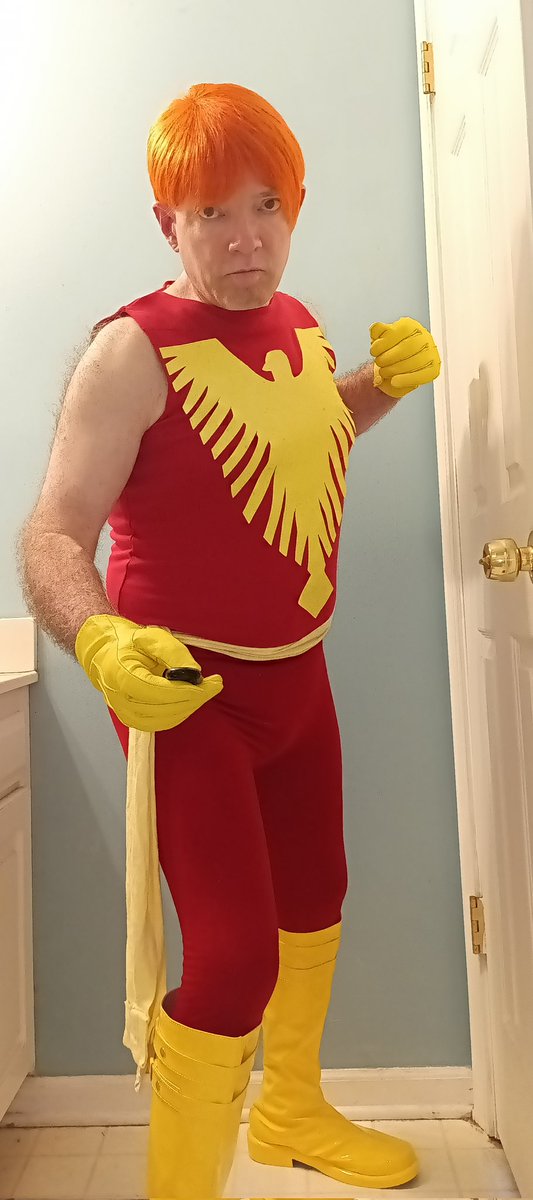 LenhardtEric's tweet photo. Okay here's my Genderbent Jean Grey Phoenix! I made the emblem out of thin yellow foam and I drew it freehand #cosplay #JeanGrey #darkphoenix #phoenix #redshirt #redleggings #yellowboots #yellowscarf #yellowgloves #genderbend #wigs #thriftstorefinds #emblem https://t.co/k2xsU9Lws5