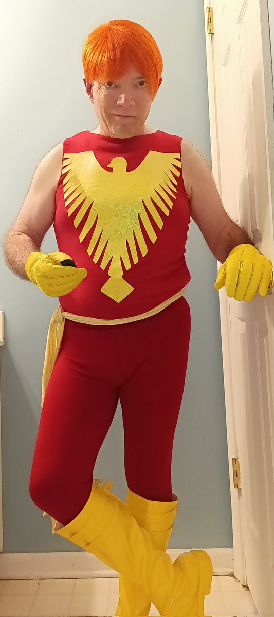LenhardtEric's tweet photo. Okay here's my Genderbent Jean Grey Phoenix! I made the emblem out of thin yellow foam and I drew it freehand #cosplay #JeanGrey #darkphoenix #phoenix #redshirt #redleggings #yellowboots #yellowscarf #yellowgloves #genderbend #wigs #thriftstorefinds #emblem https://t.co/k2xsU9Lws5