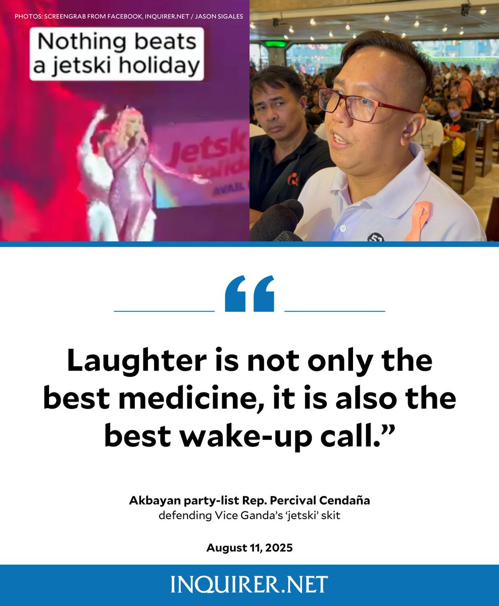 inquirerdotnet's tweet photo. ‘LAUGHTER IS ALSO THE BEST WAKE-UP CALL’

Akbayan party-list Rep. Percival Cendaña reacted to Vice Ganda’s concert with Regine Velasquez last August 8, wherein the duo staged a “jetski holiday” skit referencing former President Rodrigo Duterte’s 2016 campaign promise of sailing by jetski to the West Philippine Sea, to stand against Chinese intrusion.

READ MORE: https://t.co/NE8BxCYMko