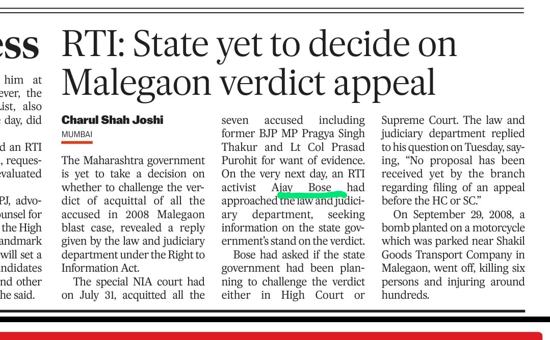 AJAY BOSE (@ajaybos93388306) on Twitter photo Why is Maharashtra Government not appealing in Bombay High Court / Supreme Court against Acquittal of 7 Accused including Ex BJP MP <a href="/sadhvipragyag/">Sadhvi Pragya Singh Thakur</a> & Col Purohit in Malegaon Bomb Blast Case
Source: My RTI reply
<a href="/Dev_Fadnavis/">Devendra Fadnavis</a> <a href="/ajitanjum/">Ajit Anjum</a> <a href="/asadowaisi/">Asaduddin Owaisi</a> <a href="/zoo_bear/">Mohammed Zubair</a> <a href="/INCIndia/">Congress</a> Why is Maharashtra Government not appealing in Bombay High Court / Supreme Court against Acquittal of 7 Accused including Ex BJP MP <a href="/sadhvipragyag/">Sadhvi Pragya Singh Thakur</a> & Col Purohit in Malegaon Bomb Blast Case
Source: My RTI reply
<a href="/Dev_Fadnavis/">Devendra Fadnavis</a> <a href="/ajitanjum/">Ajit Anjum</a> <a href="/asadowaisi/">Asaduddin Owaisi</a> <a href="/zoo_bear/">Mohammed Zubair</a> <a href="/INCIndia/">Congress</a>