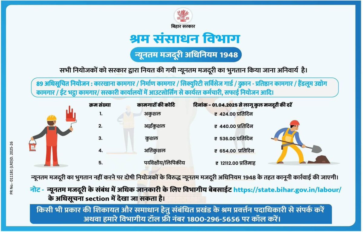 LRMWWDBihar's tweet image. न्यूनतम मजदूरी अधिनियम, 1948 
@IPRDBihar @SantoshksBJP @officecmbihar @DeepakAnandIAS @bhartirajesh007 @BiharSDM #BiharLabourResourcesDept
#labourwages #labourlaw #bihar