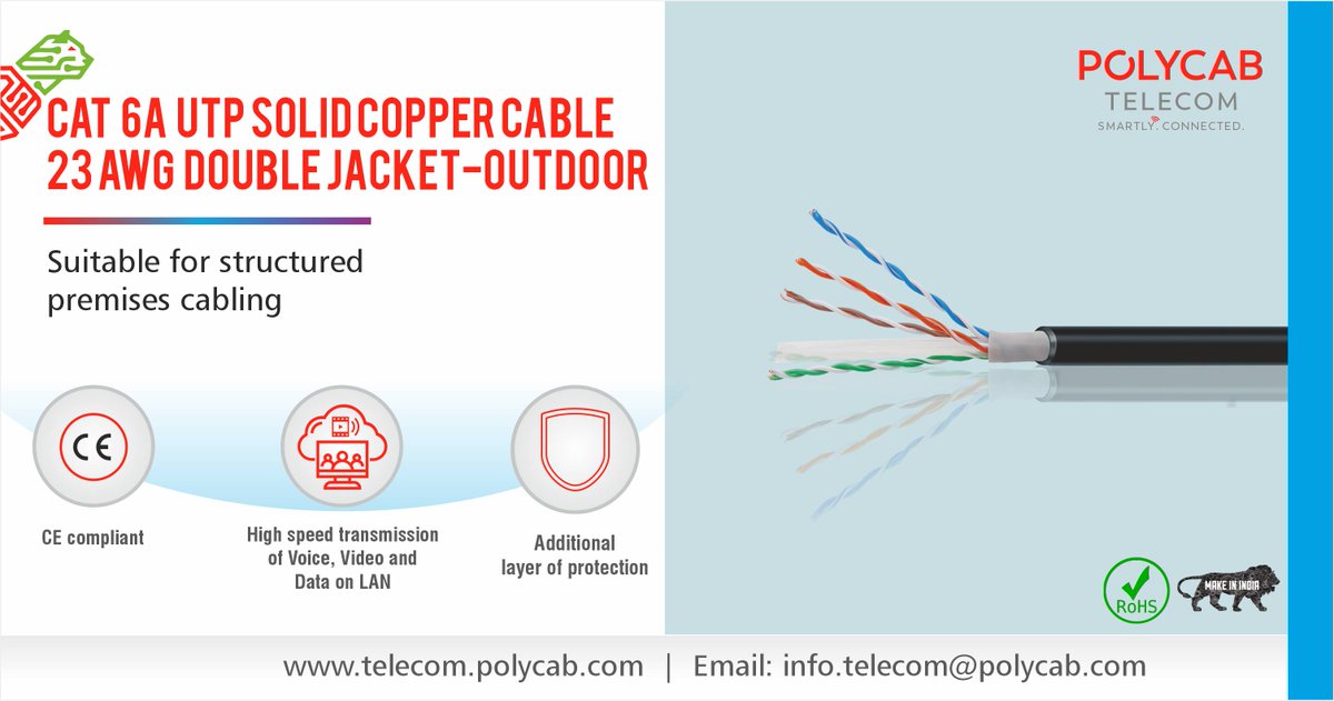 PolycabTelecom's tweet image. CAT 6A UTP Solid Copper Cable 23 AWG Double Jacket-Outdoor
Suitable for structured premises cabling
Know More bit.ly/3UU5kqt

#Cat6A #UTP #SolidCopperCable #DoubleJacket #polycabtelecom #polycab #vocalforlocal #digitalIndia #makeinIndia #atmanirbharbharat @PolycabIndia