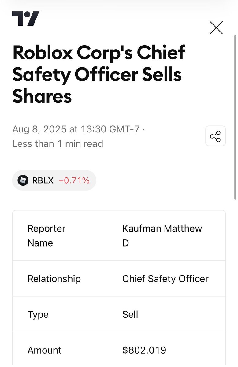 Roblox's Chief Safety Officer Matthew Kaufman just dumped over $800,000 worth of stock. This comes right after the company threatened legal action through a cease and desist to the predator catcher <a href="/RealSchlep/">Schlep</a>, and coincides with calls for his resignation. $RBLX