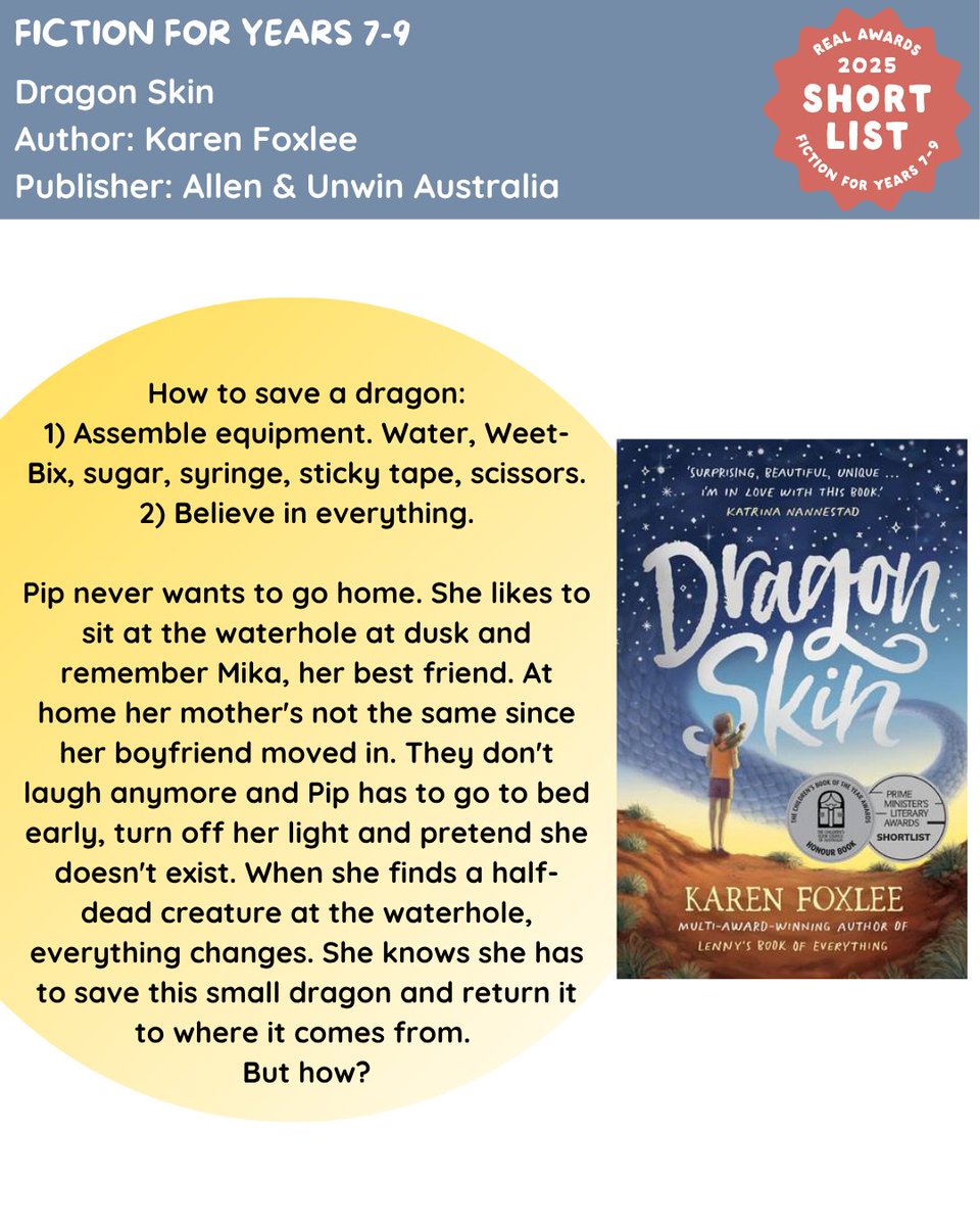 REAL AWARDS Shortlist Spotlight - Fiction for Years 7-9 nominee: 'Dragon Skin' by Karen Foxlee. Published by Allen &amp; Unwin Australia.
