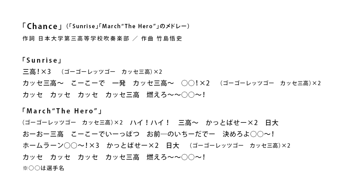 nichidai3's tweet photo. 【#硬式野球部】 オリジナル応援歌の「Chance」と「Come on‼︎」の歌詞です。応援よろしくお願いします！  校歌・応援歌は以下のページで試聴できます>https://t.co/GOsQBT6Rja クラウドファンディングはこちらから>https://t.co/hhmaQENJ1H  #日大三 #日大三高 https://t.co/komUoLaTAp