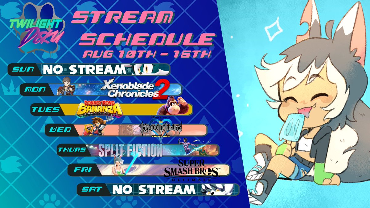 TwilightDeku's tweet photo. Alright! LAST FULL WEEK BEFORE THE MOVE!! #MultiverseVTuber #VTuberEN
Mon - Xenoblade Chronicles 2
Tues - DK Bananza
Wed - Kingdom Hearts Final Mix
Thurs - Split Fiction w/ @DuniStreamer
Fri - Smash Bros Community Arena!!
All streams except Smash are at 7 pm CST https://t.co/InisOoG2iz