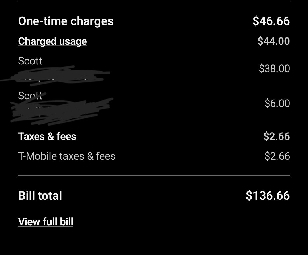 ScottSandry's tweet photo. @TMobile was fantastic for traveling but now they magically found a way to scam you out of money... This is insane as a "one time charge" and makes zero sense. https://t.co/2Z1CLZZoy6