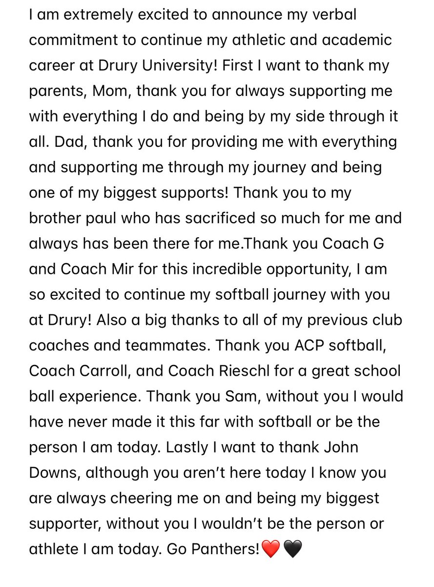 Julia Sherman (@juliasherman26) on Twitter photo I am so excited to announce my verbal commitment! Go Panthers🖤❤️!
<a href="/15_CoachG/">Brooke Gajewski</a> <a href="/drurysb/">Drury Panthers Softball</a> I am so excited to announce my verbal commitment! Go Panthers🖤❤️!
<a href="/15_CoachG/">Brooke Gajewski</a> <a href="/drurysb/">Drury Panthers Softball</a>