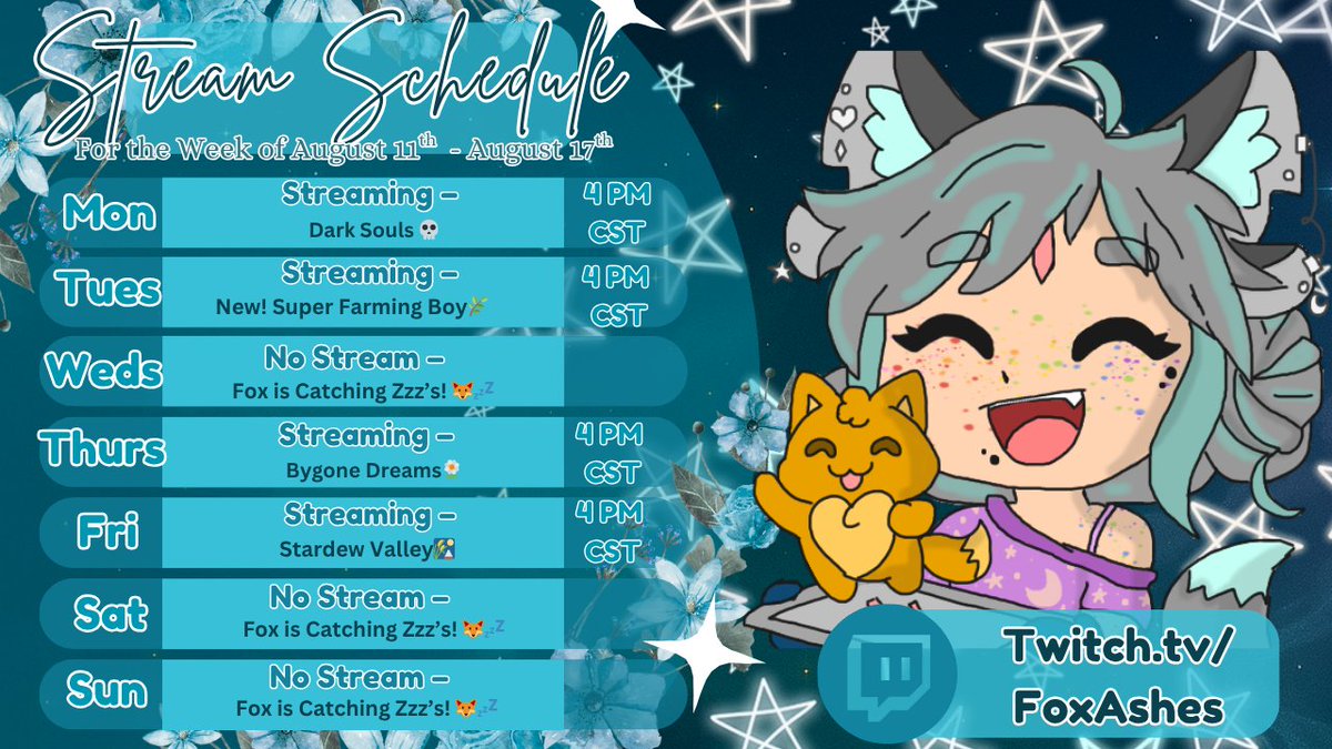 🦊✨ Cozy chaos &amp; motherly vibes all week!
📅 4PM CST / 5PM EST:
Mon – Dark Souls 🗡️
Tue – Super Farming Boy 🚜
Thu – Bygone Dreams 🌌
Fri – Stardew Valley 🌾
Come vibe, lurk, &amp; laugh! 💛
#Vtuber #CozyGaming #TwitchStreamer #DarkSouls #StardewValley