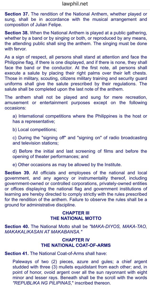 Endocrine_ph's tweet photo. @laiteranidaddy Majority of our Lawmakers are Lawbreakers. Binaboy na din nila ang posisyon. 
Republic Act No. 8491; February 12, 1998

AN ACT PRESCRIBING THE CODE OF THE NATIONAL FLAG, ANTHEM, MOTTO, COAT-OF-ARMS AND OTHER HERALDIC ITEMS AND DEVICES OF THE PHILIPPINES https://t.co/OvRzTfcJ71