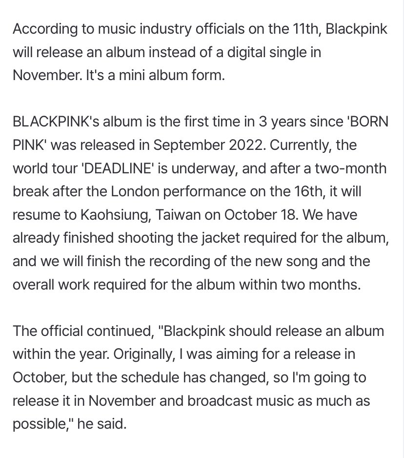 BBU_BLACKPINK's tweet photo. #BLACKPINK reportedly set to release a MINI ALBUM this NOVEMBER

- Finished shooting the ALBUM jacket
- Finalized recording new songs for the next two months (September and October)
- Originally planned for an October release, but later postponed to November
- Possible MUSIC SHOW broadcast promotions.

source: https://t.co/uruc5zZHYV
#BLACKPINK @BLACKPINK