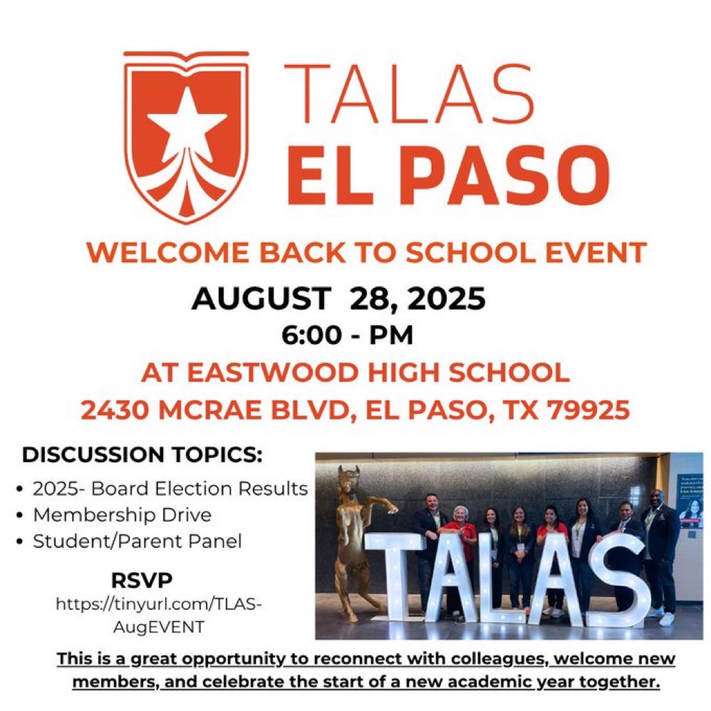 mpaz #🟦 (@mpazepzona) on Twitter photo It’s time!!! <a href="/TALAS_EPTX/">TALAS_EPTX</a> MEMBERS and new members, let’s kick off our first event of the year with those we serve….our students and parents! Signup now!! It’s time!!! <a href="/TALAS_EPTX/">TALAS_EPTX</a> MEMBERS and new members, let’s kick off our first event of the year with those we serve….our students and parents! Signup now!!
