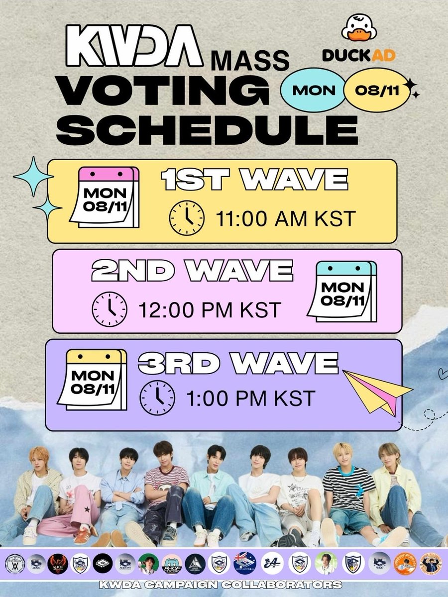 📢 𝗞𝗪𝗗𝗔 𝗠𝗔𝗦𝗦 𝗩𝗢𝗧𝗜𝗡𝗚 𝗔𝗡𝗡𝗢𝗨𝗡𝗖𝗘𝗠𝗘𝗡𝗧

The moment we’ve all been waiting for is here — it’s the final day of KWDA voting on Duckad! To maximize our support, we are organizing a mass voting schedule. Please participate actively during the following times:

🕚