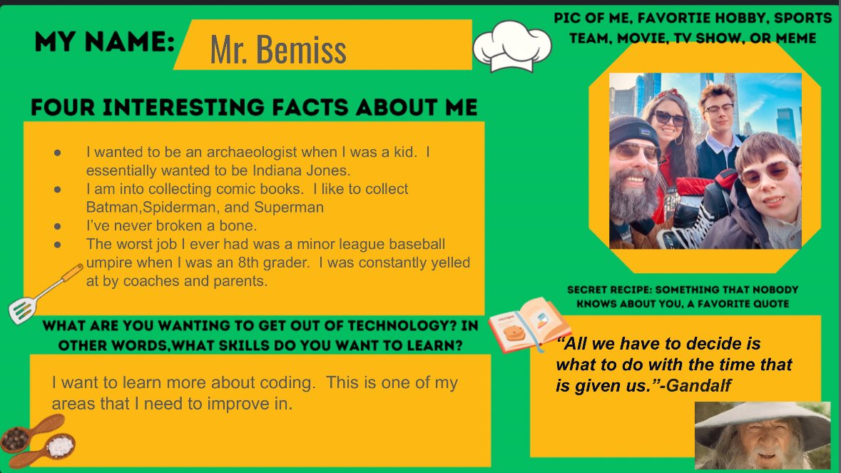 The first week of school was a lot of fun!  We did a couple of Eduprotocols activities, Frayer a Friend and Iron Chef.  For IC, ss have 7 minutes to design an All About Me Slide and then work with their pod on a procedures slide. We also did Emoji Ts/Ss to get to know each other!
