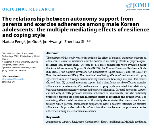 JOMH_2004's tweet image. 🏃‍♂️Parental autonomy support boosts male teens’ exercise adherence via resilience &amp;amp; coping style, study finds. 
📚Read more:jomh.org/articles/10.22…
 #MensHealth #ExerciseAdherence