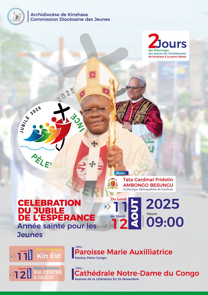 Bilenge ya Kristu Mobikisi,

La Commission Diocésaine des Jeunes vous invite à la célébration eucharistique du jubilé de l’Espérance, une année sainte spécialement dédiée à la jeunesse, ce mardi 12 août 2025, en la cathédrale Notre-Dame du Congo, à 09h. 

Bienvenue.