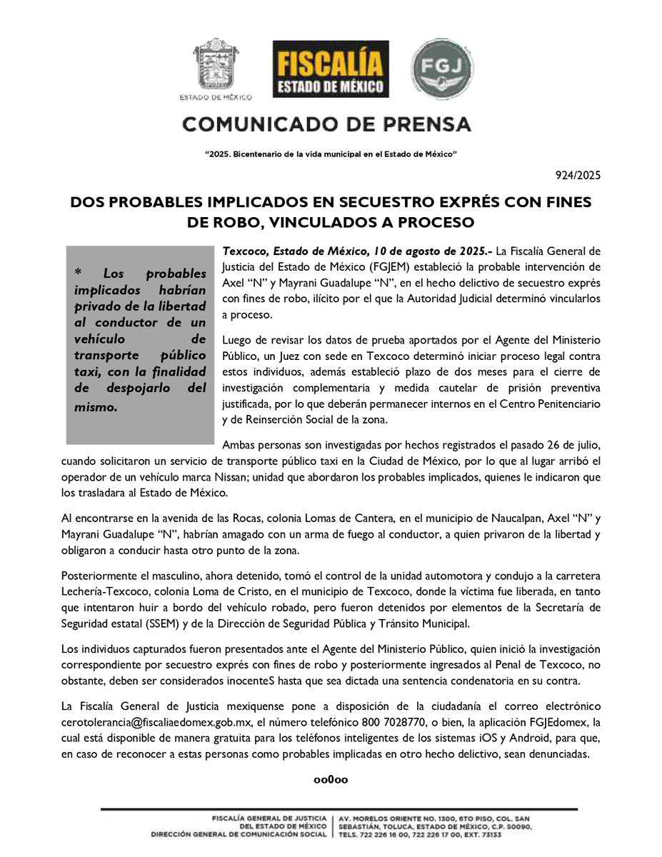 FiscaliaEdomex's tweet image. #AProceso. La #FiscalíaEdomex estableció la probable intervención de Axel “N” y Mayrani Guadalupe “N”, en el hecho delictivo de secuestro exprés con fines de robo registrado en #Texcoco, ilícito por el que la Autoridad Judicial determinó vincularlos a proceso.…