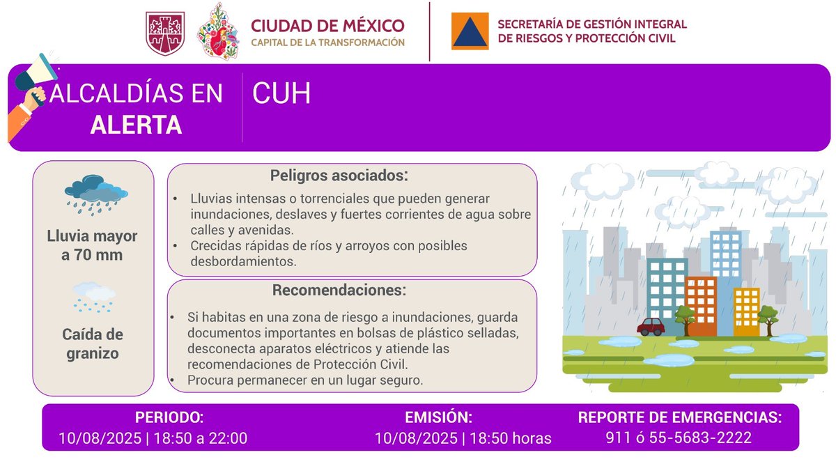 Secretaría de Gestión Integral de Riesgos y PC (@sgirpc_cdmx) on Twitter photo Se activa #AlertaPúrpura por persistencia de #lluvias fuertes y caída de #granizo para la tarde y noche del domingo 10/08/2025 en la demarcación: <a href="/AlcCuauhtemocMx/">Alcaldía Cuauhtémoc</a>. #LaPrevenciónEsNuestraFuerza #OperativoLluvias2025 #Tlaloque Se activa #AlertaPúrpura por persistencia de #lluvias fuertes y caída de #granizo para la tarde y noche del domingo 10/08/2025 en la demarcación: <a href="/AlcCuauhtemocMx/">Alcaldía Cuauhtémoc</a>. #LaPrevenciónEsNuestraFuerza #OperativoLluvias2025 #Tlaloque