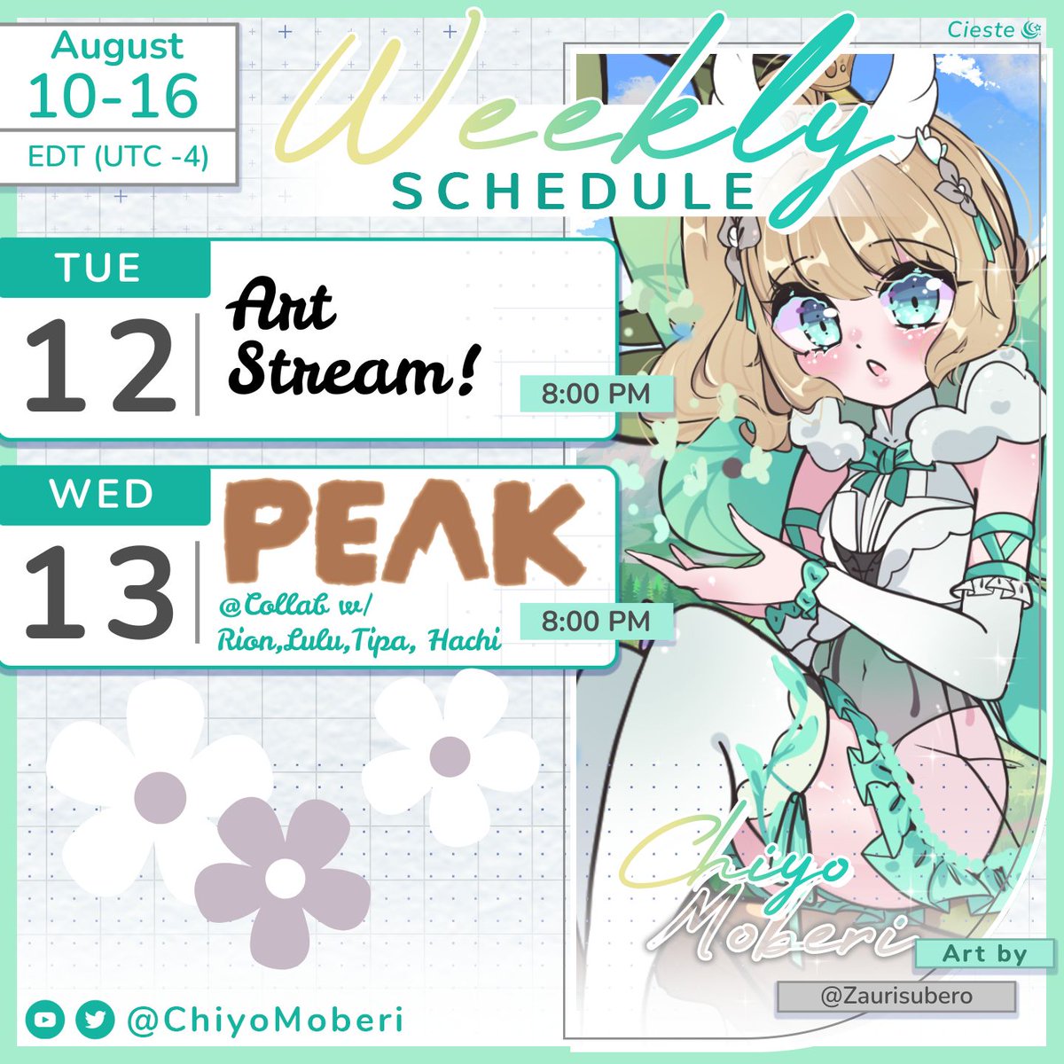 Chiyo Moberi🌱✨CIESTE☆【Fairy VTuber】 (@chiyomoberi) on Twitter photo ✨Weekly Schedule✨
August 10 - 16
Yay it's a schedule finally!!~ This week we are drawing and having a super fun collab with <a href="/Tipanya_/">Tipanya 🐻🐱 Vtuber</a> <a href="/Rion_Raion/">🦁💤Rion 🦁💤|v-tuber 🔜 OffKai</a> <a href="/_lulufleur/">Lulu Fleur 💐💛「ENvtuber」</a> and <a href="/HachikoEcho/">Hachiko 💜💅🏻 CIESTE</a> !! Been so long since I've been able to collab so I'm really excited!
Let's have a great ✨Weekly Schedule✨
August 10 - 16
Yay it's a schedule finally!!~ This week we are drawing and having a super fun collab with <a href="/Tipanya_/">Tipanya 🐻🐱 Vtuber</a> <a href="/Rion_Raion/">🦁💤Rion 🦁💤|v-tuber 🔜 OffKai</a> <a href="/_lulufleur/">Lulu Fleur 💐💛「ENvtuber」</a> and <a href="/HachikoEcho/">Hachiko 💜💅🏻 CIESTE</a> !! Been so long since I've been able to collab so I'm really excited!
Let's have a great