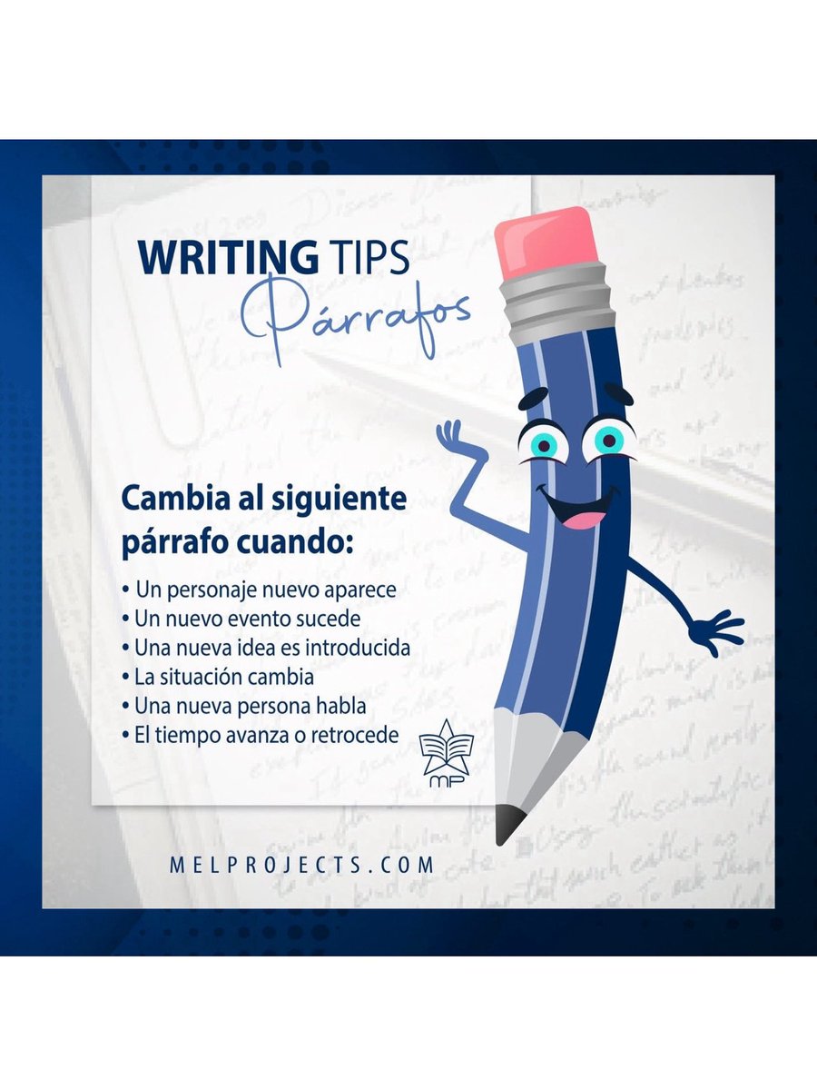MELprojects's tweet image. El cambio de un párrafo a otro es necesario y obligatorio. Si escribimos párrafos muy largos podemos agotar al lector. Cuando ponemos punto y aparte, hay un segundo de descanso para asimilar la información, separar ideas o momentos diferentes de la acción.
#writingtips