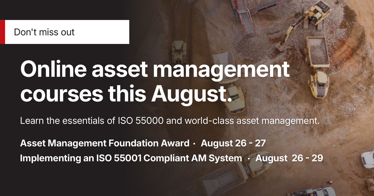 Don't miss out - secure your place in these world-class online Asset Management courses!

1️⃣ Asset Management Foundation Award 
📅  26 - 27 August 2025 

2️⃣ Implementing an ISO 55001-compliant Asset Management System   
📅  26 - 29 August 2025 

🔗zurl.co/CTkwD