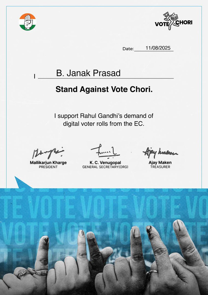 I, B. Janak Prasad , stand against Vote Chori. I fully support Shri <a href="/RahulGandhi/">Rahul Gandhi</a> Ji’s demand of digital voter rolls from the Election Commission.

votechori.in/ecdemand

#VoteChori