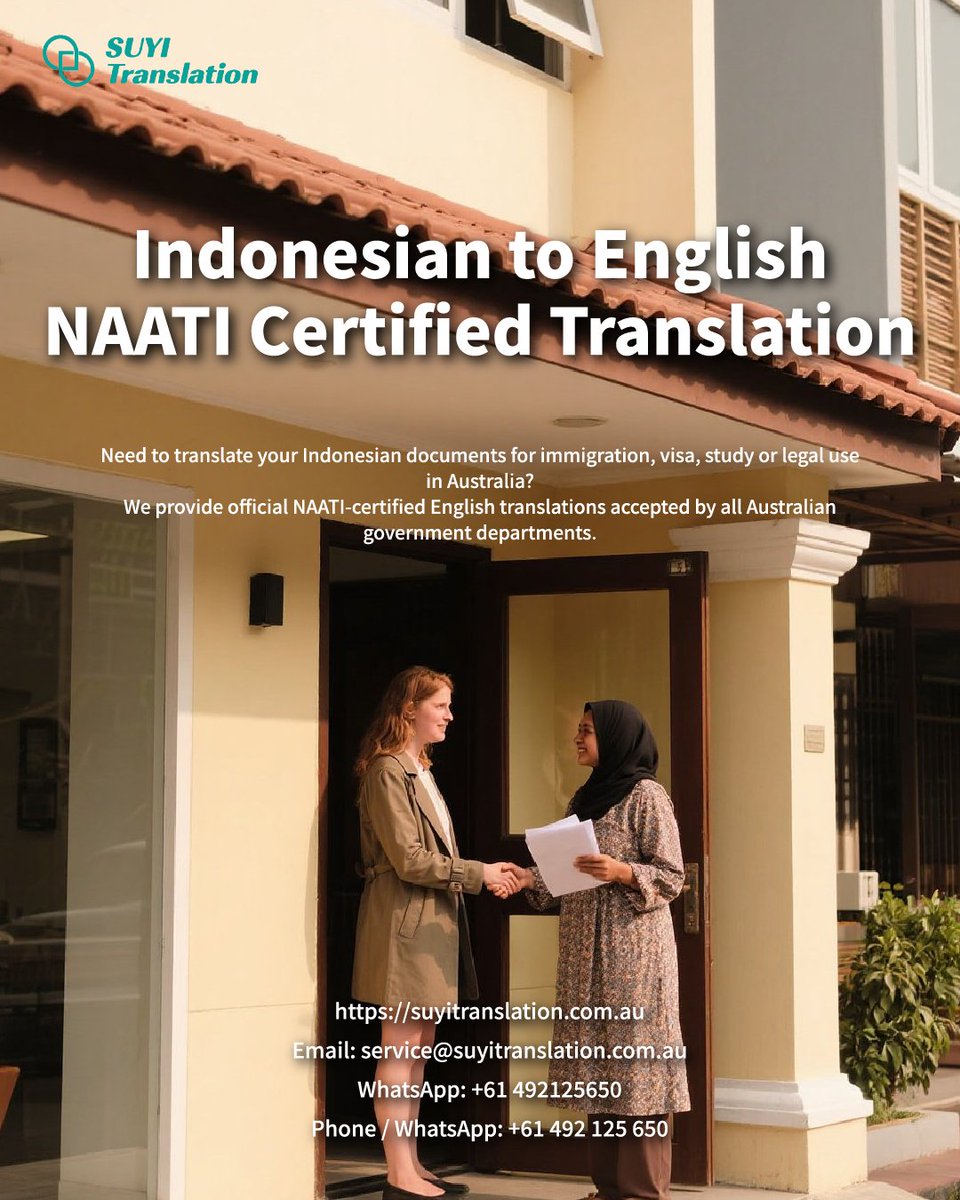 suyi_au's tweet photo. 🇮🇩 Indonesian to English – NAATI Certified Translation 🇦🇺
Need to translate your Indonesian documents for immigration, visa, study or legal use in Australia?
📄 We provide official NAATI-certified English translations accepted by all Australian government departments.
 
✅ Popular Documents We Translate:
• Birth Certificates (Akte Kelahiran)
• Marriage Certificates (Akte Perkawinan)
• Police Certificates (SKCK)
• Driver Licences (SIM)
• ID Cards (KTP)
• Divorce Certificates, Academic Transcripts & more
 
⚡ Why Choose Suyi Translation?
✔️ NAATI-Certified Translators
✔️ Accepted by Home Affairs, Service NSW, VICRoads, Universities, Courts
⏱️ Delivered within 48 hours, urgent service in as fast as 12 hours
📩 Digital copy sent first (PDF), hard copy optional
📍 Pickup in Sydney & Melbourne
📦 Free Australia-wide delivery
 
📝 How It Works:
1️⃣ Take a clear photo or scan of your document
2️⃣ Submit via our website, email, LINE, WeChat or phone
3️⃣ Make payment and receive your NAATI-certified PDF translation within 48 hours
 
🌐 Order Now:
👉 https://t.co/K7tBDIwD0I
📧 Email: service@suyitranslation.com.au
📱 WhatsApp: +61 492125650
📞 Phone / WhatsApp: +61 492 125 650
 
#NAATItranslation #indonesia #naaticertified #australiavisa #suyitranslation