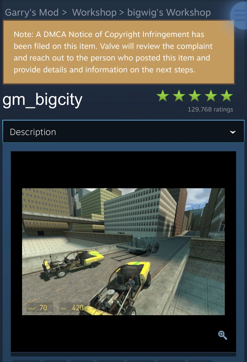 LambdaGen's tweet image. A DMCA takedown has been filed on the classic Garry’s Mod map gm_bigcity on Steam Workshop

It’s unknown who the claimant is, but let’s hope Valve do the right thing and protect this piece of @gmodofficial history.