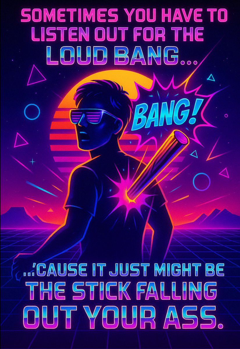 furner_tim407's tweet image. 🌅 BANG Into a Better You! 🚀
“When life knocks the stick loose… enjoy the view.
#80sVibes#SynthwaveStyle #RetroHumor #MotivationalParody #NeonLife #GridlineDreams #MiamiViceMood#ComicBang #LifeLessonsWithLaughs #NeonGlowWisdom #RetroPosterArt #ThrowbackHumor #StickFreeLiving…