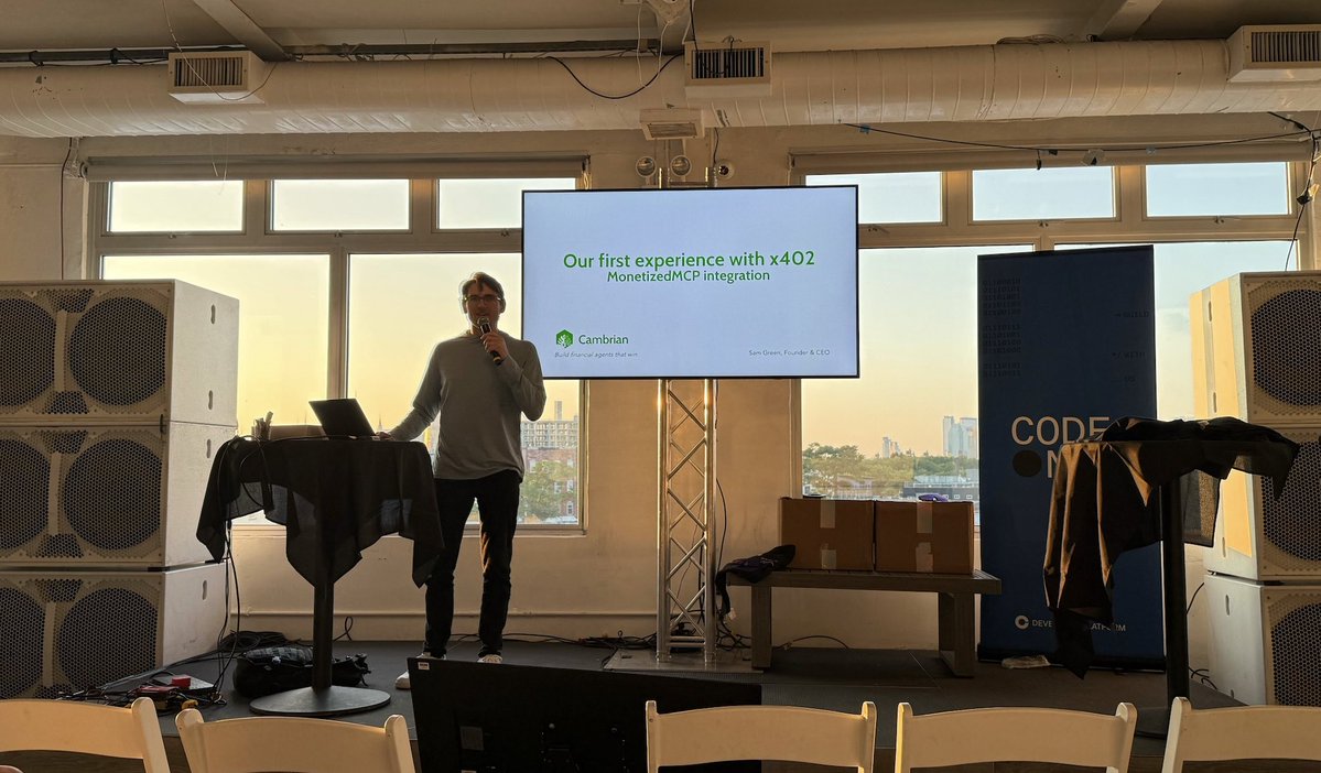 Appreciated hearing Sam Green, CEO of <a href="/CambrianNetwork/">Cambrian Network 🪴</a>, discuss his journey integrating MonetizedMCP and Fluora at <a href="/CoinbaseDev/">Coinbase Developer Platform🛡️</a>'s Code NYC hackathon — inspiring to collaborate with such forward-thinking builders