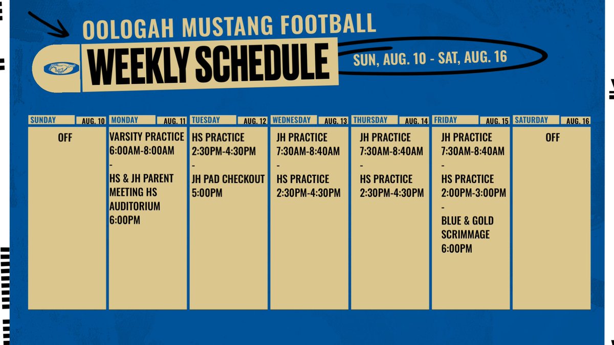 Weekly schedule for the Mustangs! Let’s get Fall Camp rolling!! Game 1 is just right around the corner! #GoStangs #GRIT