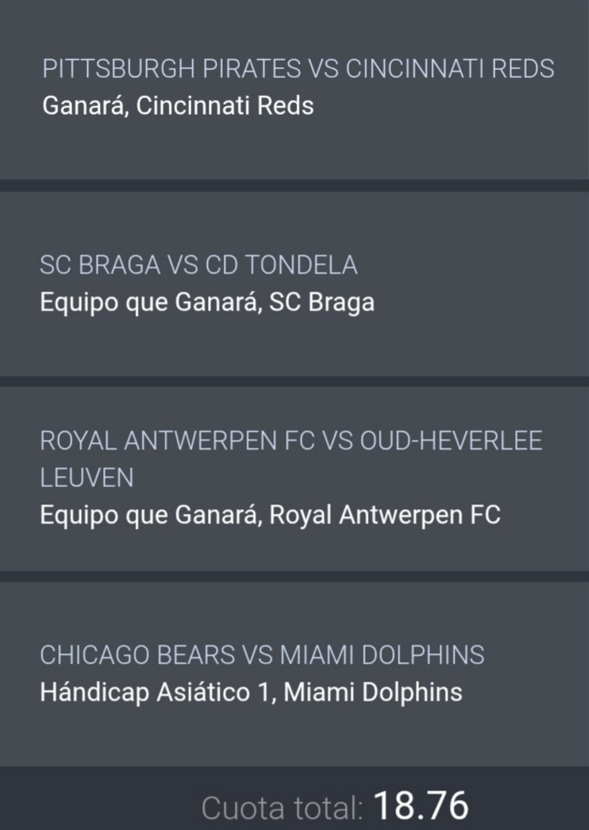 DateroIluminati's tweet photo. 3-3✅ Gana con pronósticos de #Superpicks  💰Aciertos en apuestas deportivas 💲

Reds ML ✅ ⚾
Royal Antwerpen ML✅ ⚽
Braga ML ✅⚽
Miami +1 H ✅🏈
#odd : 18,76💲

#ApuestasDeportivas #bets #PronósticosParley #Ganadores  #Apuestas #Deportes #Parley #10agosto #picks #NFL #MLB https://t.co/zg6AZa6ZVj