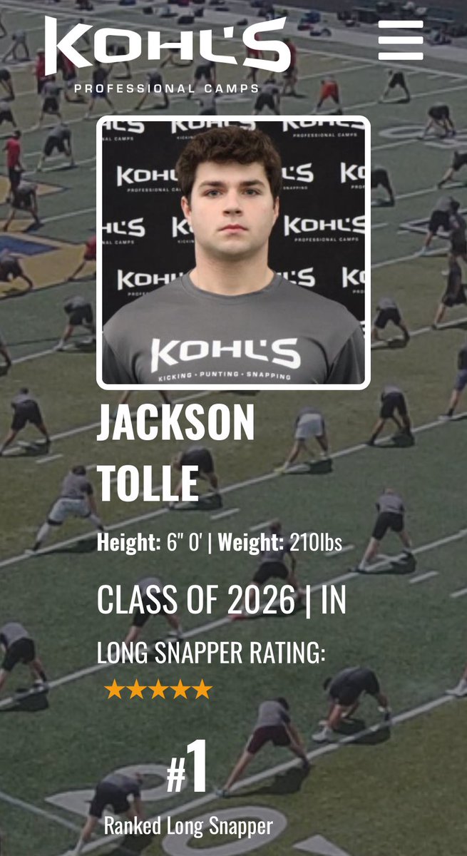 JacksonTolle_LS's tweet photo. Excited to be ranked as the #1 long snapper with @KohlsSnapping. Now time to get ready for my senior season! @HSEFootball @coachgrantcain @Coach_RMAC @KohlsHighlights @Coach_Casper https://t.co/8r6j9GY2zW
