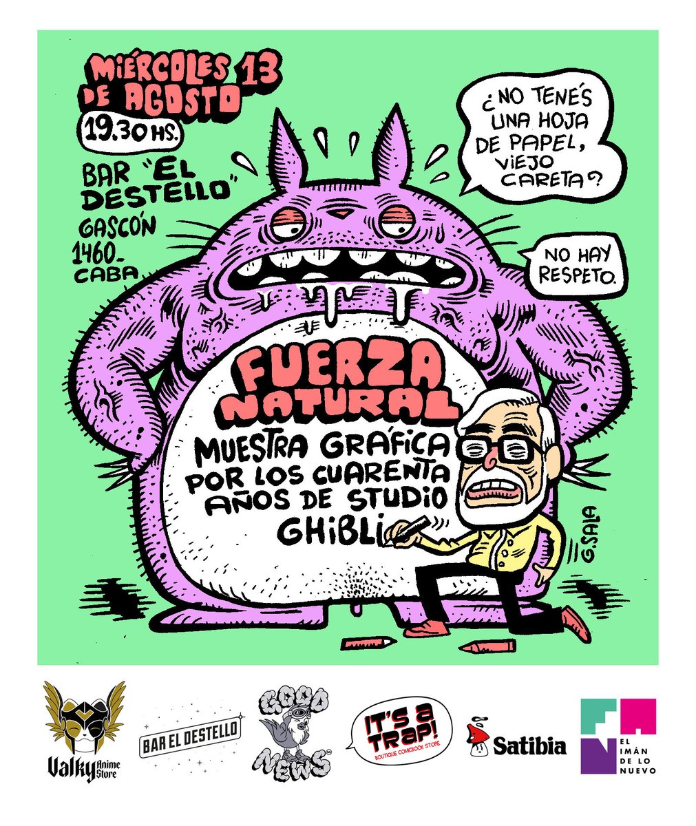 Este miércoles tenemos FUERZA NATURAL, la muestra gráfica por los 40 años de Studio Ghibli, en <a href="/bareldestello/">Bar El Destello</a>. + de 30 artistas, regalos (mangas, entrada para Chihiro y más), DJ x <a href="/waifupopular/">Valky</a>, 🎷 x <a href="/DavidSaxofonis1/">David Saxofonista</a>, textos exclusivos, club de dibujo y más. Entrada gratis 🆓