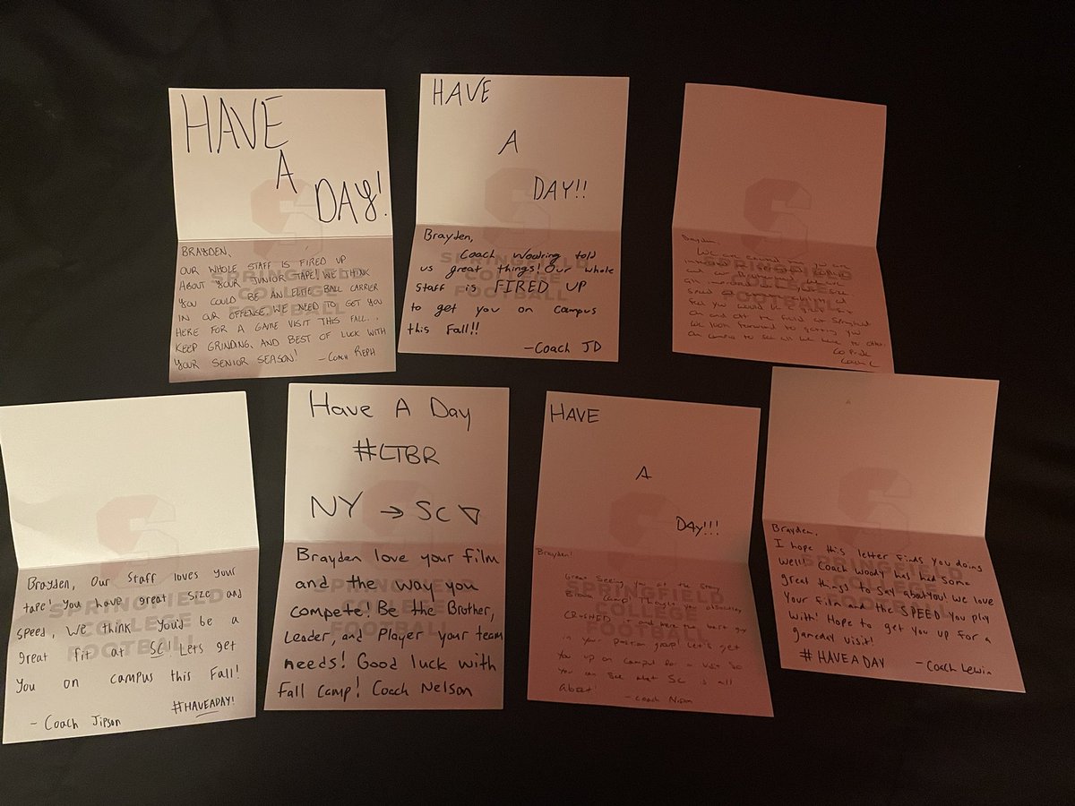 Brayden Richardson (@braydenr2_) on Twitter photo Thank you to the <a href="/_SCFootball/">Springfield Football</a> coaches for the letters
<a href="/CoachNipon/">Will Nipon</a> <a href="/coach_jipson/">Storm Jipson</a> @coachnelson <a href="/Mike_Cerasuolo/">Mike Cerasuolo</a> <a href="/CoachAidenLewin/">Aiden Lewin</a> <a href="/CoachReph/">Vince Reph</a> Thank you to the <a href="/_SCFootball/">Springfield Football</a> coaches for the letters
<a href="/CoachNipon/">Will Nipon</a> <a href="/coach_jipson/">Storm Jipson</a> @coachnelson <a href="/Mike_Cerasuolo/">Mike Cerasuolo</a> <a href="/CoachAidenLewin/">Aiden Lewin</a> <a href="/CoachReph/">Vince Reph</a>